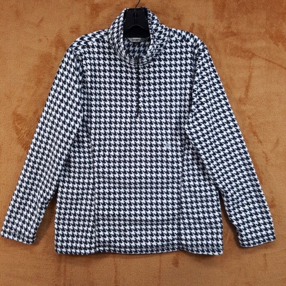 OLD NAVY Jacket Womens XL Black White Houndstooth Fleece Quarter Zip Pullover